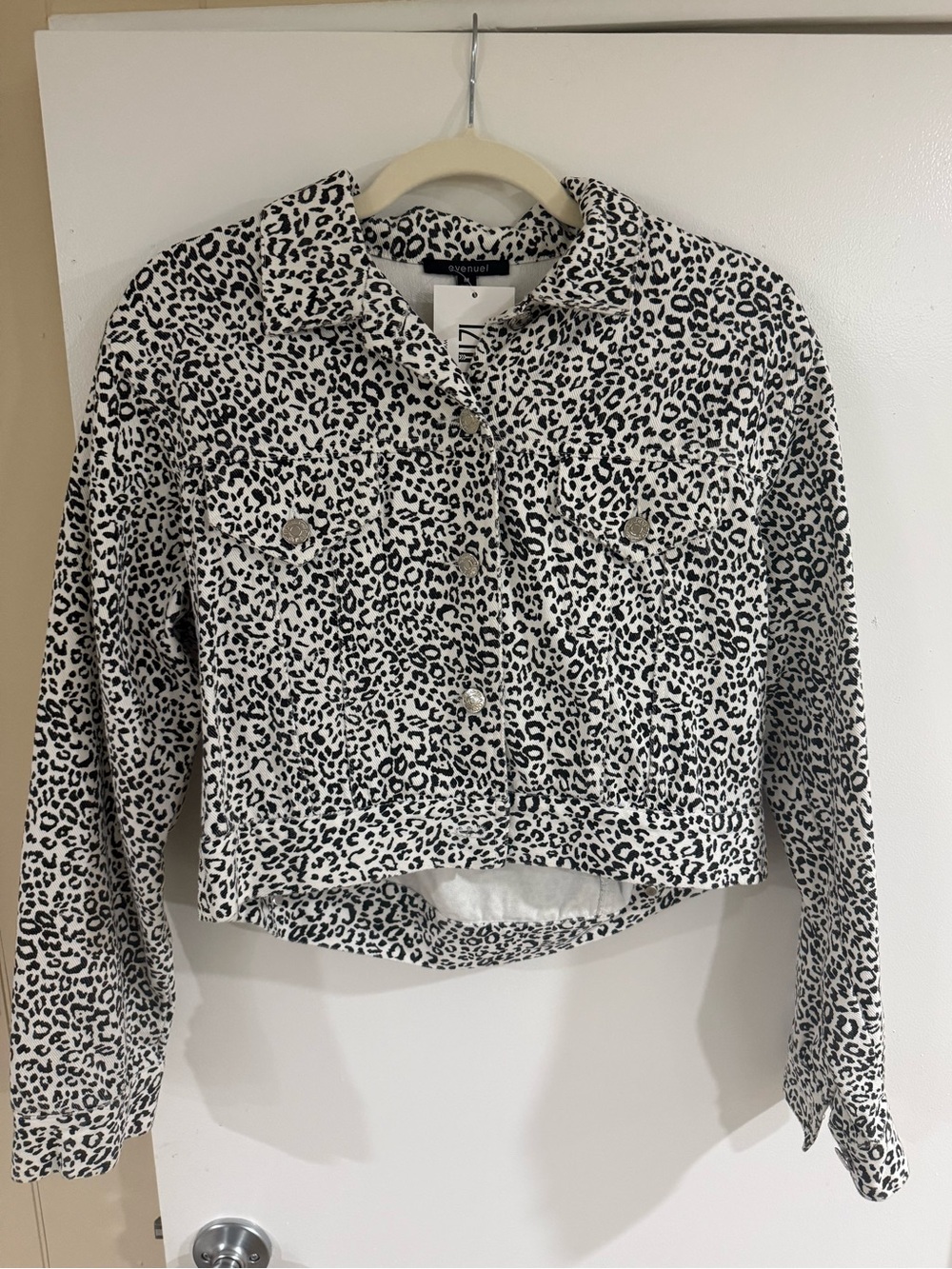 12th Tribe Black & White Leopard Print Cropped Jean Jacket